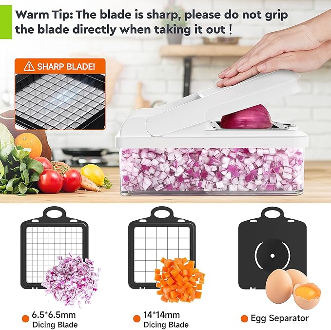 MealHelper 12-in-1 Vegetable Chopper, 7 Blade Veggie Chopper, Practical Food Chopper with Container, Cheese Grater, Home Essentials & Kitchen Gadgets(Black/White)