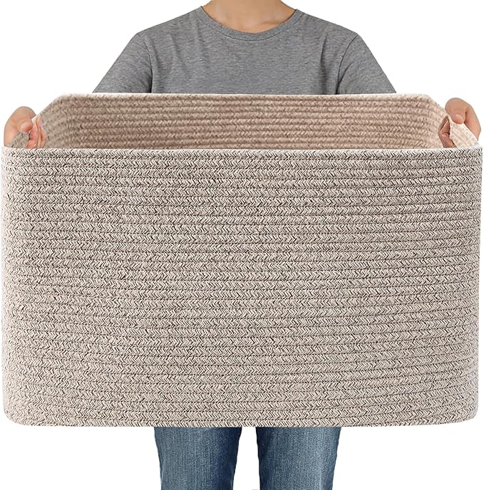 JMvicyroam 65L Large Woven Cotton Rope Blanket Basket, Oatmeal | Blanket Storage for Living Room or Bedroom Use, Freestanding with Reinforced Handles, Entire Basket is Machine Washable
