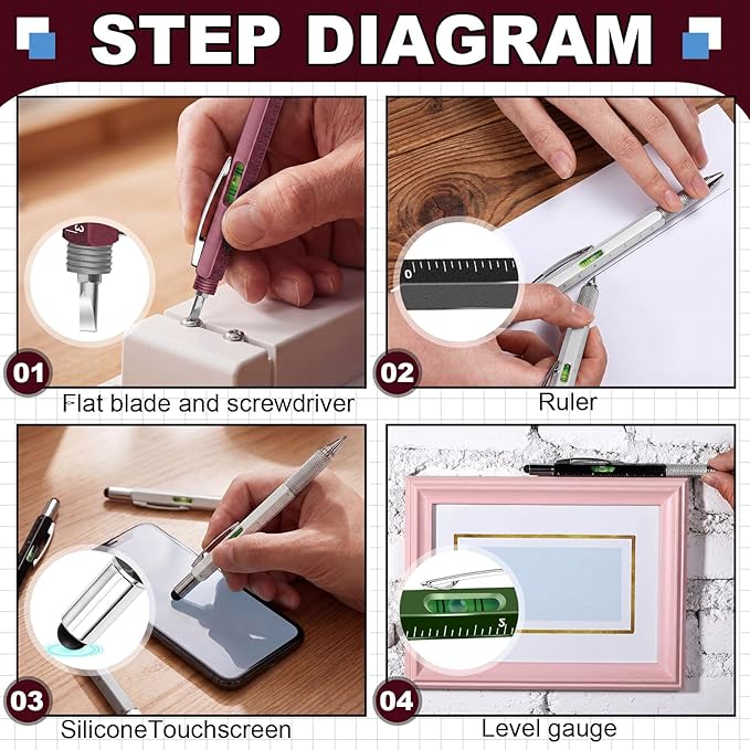 Zhanmai 16 Pcs 6 in 1 Multitool Pen Bulk Gift for Men Multi Tool Ballpoint Pen with Ruler Level Screwdriver Stylus Cool 40 Ink Refill Tool Gadget Birthday Christmas Stocking Stuffers (Multiple Colors)