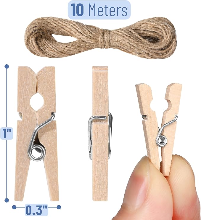 Mr. Pen- Mini Wooden Clothes Pins for Photo, 1 Inch, 150 Pack | Small Clothespins with 10 Meter Jute Twine for Labeling Plants, Gift Tags, Tiny Crafts, Photo Display, Decoration