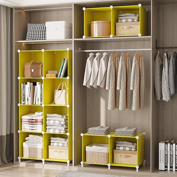 AWTATOS Cube Storage Organizer, Closet Organizers Storage Shelf, 16 Cube | DIY Stackable Storage Cube Shelves, Plastic Clothes Organizer Shelving for Bedroom, Home Office, Yellow