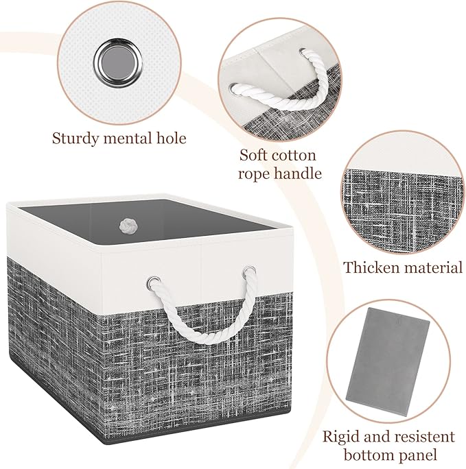 StorageTastic Storage Bin,Collapsible Storage Basket For Organizing,Large Storage Boxes With Rope Handles,Storage Containers,White & Black,2 Pack