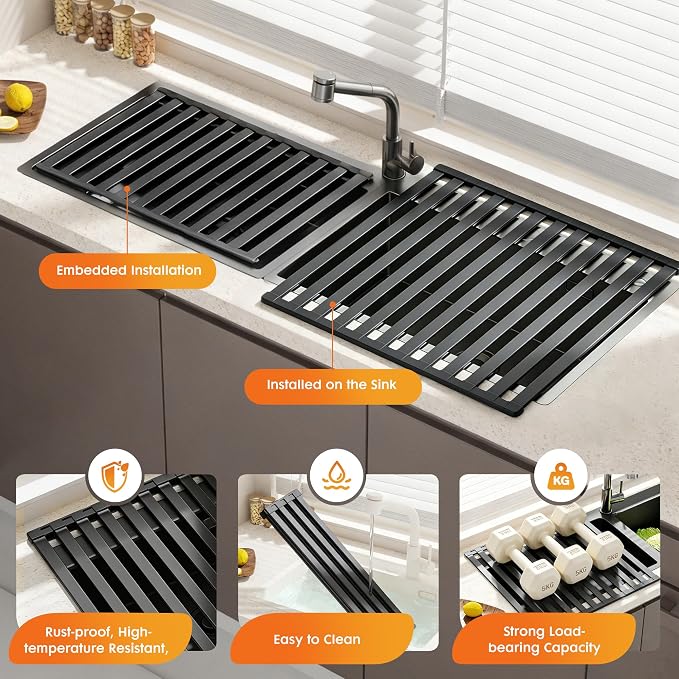 Foldable Over Sink Dish Drying Rack, Extra Wide & Thick Rust-Proof Aluminum Sink Cover for Counter Space, Collapsible Dish Drying Rack Fits Most Kitchen Sinks (Black, 17.7“x13.6)