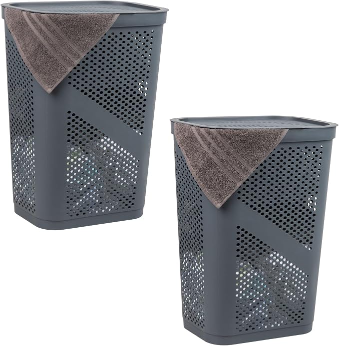 Mind Reader 60L Slim Laundry Hamper, Clothes Basket, Lid, Ventilated, Plastic, Set of 2, Gray