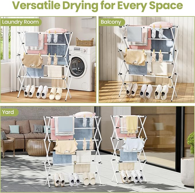 Oversized Clothes Drying Rack, 45.28" H × 14.57" D | Foldable & Extendable, Adjustable Size (24.76"-35.51"L), Space-Saving, Rust-Resistant Frame, Indoor/Outdoor Use, White