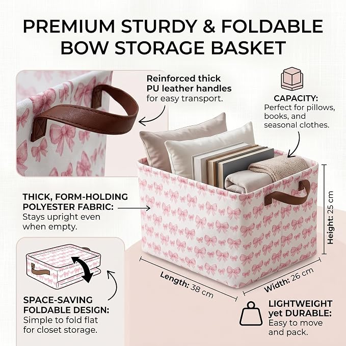Pink Bow Storage Gift Basket: Waterproof Polyester Collapsible Storage Bin