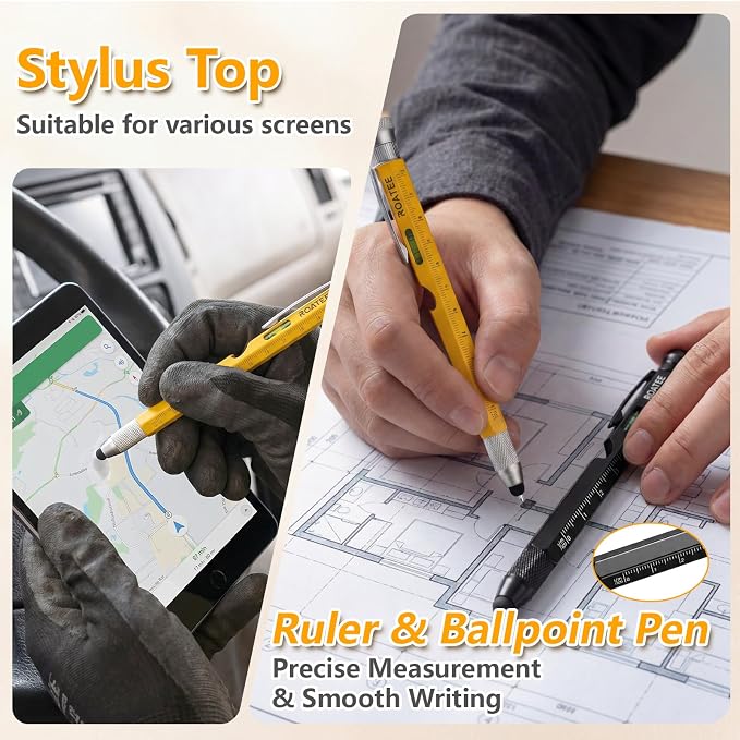 ROATEE Fathers Day for Men Multi Tool Pen 12 in 1 Cool Stuff Gadgets Gifts for Husband Birthday Personalized Gift for Dad Fidget Construction Pen with Small Screwdriver, Level, Ruler,Led Light,Yellow