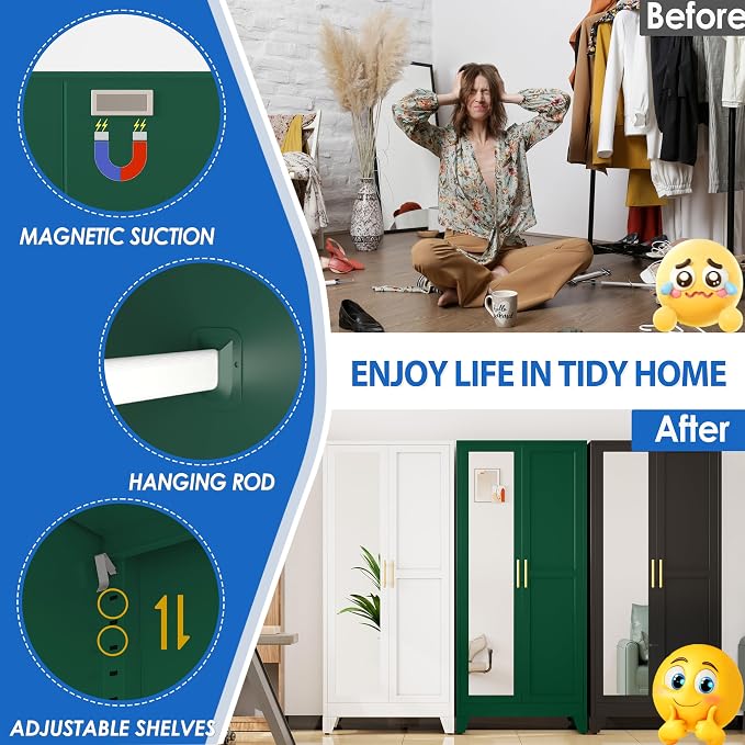 GAIOUS Metal Wardrobe Cabinet with Mirror and Hanging Rod, 71" Green | Clothing Storage Cabinets with 2 Doors and Adjustable Shelves, Armoire Wardrobe Closet for Bedroom, Laundry Room, Cloak Room