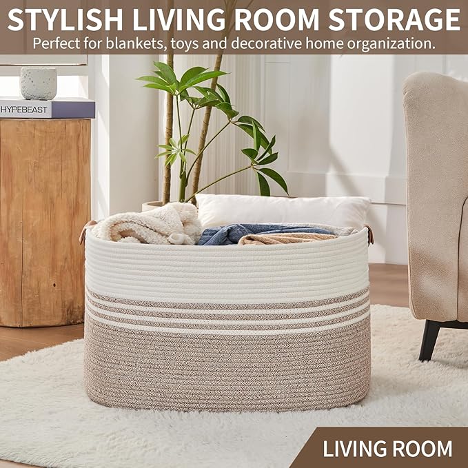 Laundry Hamper with Handles, 72L Rope Laundry Basket, Light Brown | Cotton rope clothes hamper with leather handles holds blankets, pillows, toys and laundry in nursery, bedroom or living room