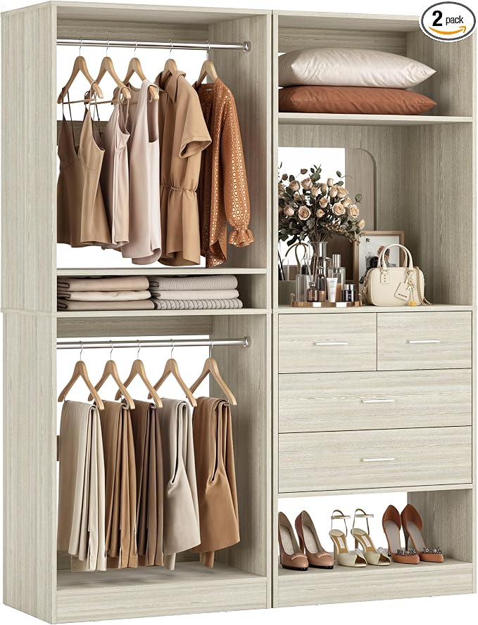 Unikito 50” Closet System with 4 Drawers, 4.2FT Wood Closet Organizer with Hanging Rod and Mirror, Reversible Small Walk in Closets Wardrobe, Adjustable Sturdy Clothes Garment Rack, White Oak