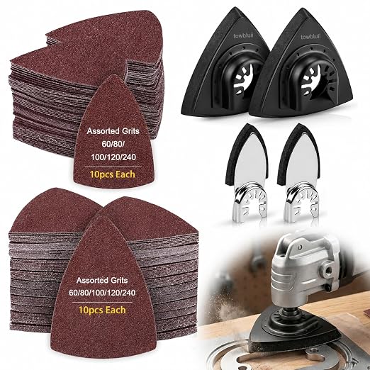 Oscillating Tool Sanding Pad Kit, 106Pcs Multi Tool Sanding Pads with 2 Triangle Sanding Pads, 2 Finger Sanding Pads, 100 Sandpaper Sheets, 60-240 Grit for Wood Metal Plaster Grinding Polishing