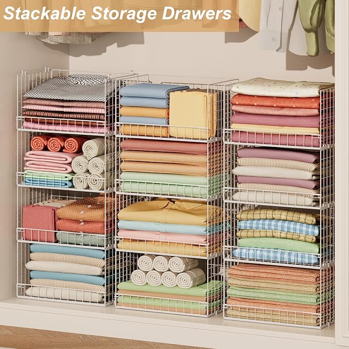 Huxitocan 6-Tier Stackable Closet Organizers and Storage Basket - Foldable Closet Shelf Organizer System, Sturdy Metal Space-Saving Clothes Storage Bins for Wardrobe, White(Patent Pending)