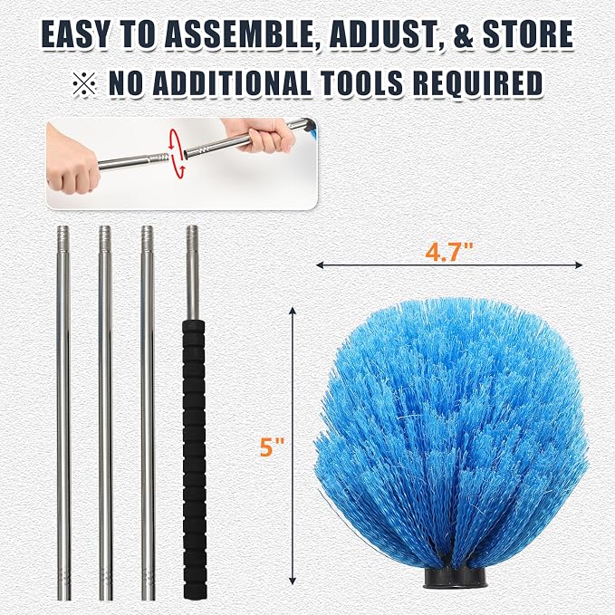 9FT Cobweb Duster with Extension Pole, Stiff Bristles & Adjustable Handle – Lightweight Dust Cleaner for Ceiling, Walls, Vents, Eaves – Indoor & Outdoor Use, Reusable Washable Head, Cleans Up to 16FT