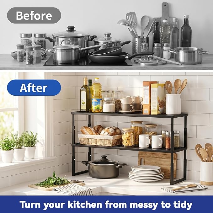 2 Packs Expandable Cabinet Shelf Organizer, Stackable Kitchen Countertop Storage Shelves, Heavy Duty Adjustable Pantry Organizer Rack for Cabinet, Cupboard, Under Sink & Spice Storage