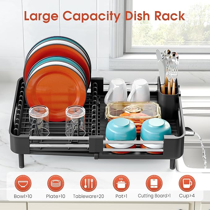 TOOLF Dish Drying Rack Expandable Drainer w/Cutlery & Cup Holder, Black | Stainless Steel &PP, Extenable 12.6" to 18.7"D, Anti-Rust, Auto-Drainage, Space-Saving, Fit for Various Sink Countertops