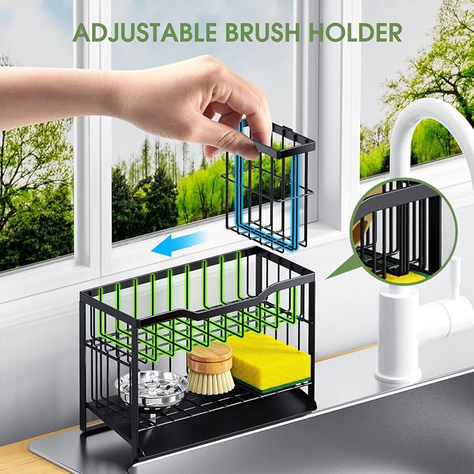 2-Tier Rustproof Sponge Holder for Kitchen Sink, Black | Self-Draining Sink Caddy, Non-Slip Base, Removable Brush Holder, Space-Saving Countertop Organizer, Fits Most Kitchen Sinks