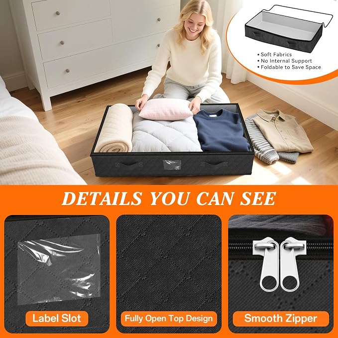90L Under Bed Storage Containers, Storage Bags, Organizers, 2-Pack, Black | Foldable, Soft Fabric, Closet Organizers, Reinforced Handle, Label Holder, Clear Window, for Comforters, Clothing, Blankets