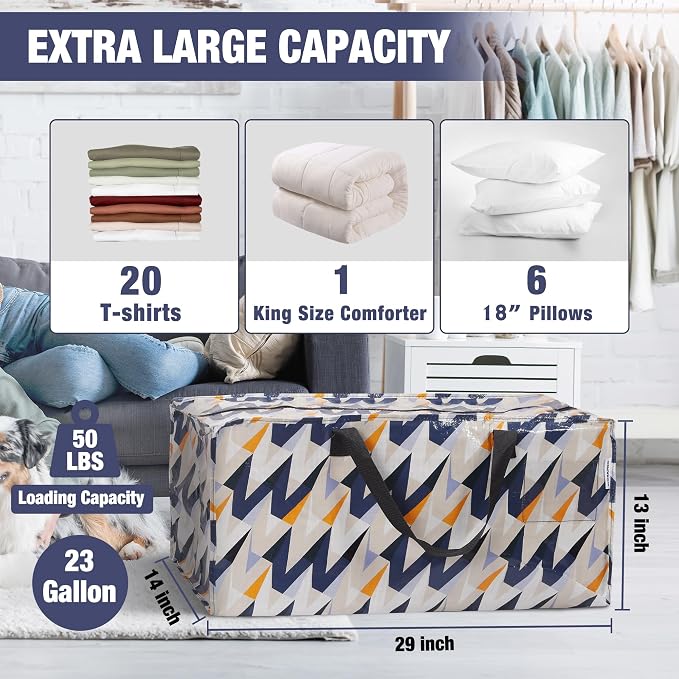 WORKPRO 6 Pack Extra Large Moving Bags with Backpack Straps & Handles | Heavy Duty Moving Storage Bags, W - Alphabet Printing, Double Zippers for Moving, Dorm, Closet Storage & Travel