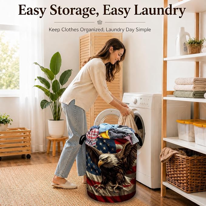 Patriotic Eagle Flag Large Laundry Hamper, Collapsible Oxford Clothes Basket with Handles, Freestanding Dirty Clothes Organizer for Bedroom Bathroom Dorm Laundry Room, 16 x 20.8 Inch