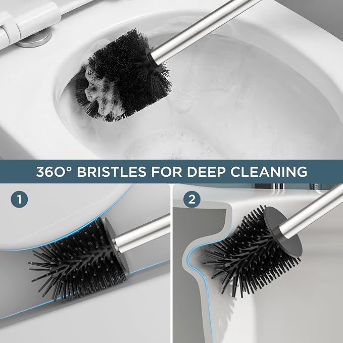 FORIOUS Toilet Brush and Holder Set, SUS304 Stainless Steel Square Base, Extended Long Handle, Drip-Proof & Space Saving, 2 Replaceable Brush Heads, Plastic & Silicone Dual Brush Head, Brushed Nickel