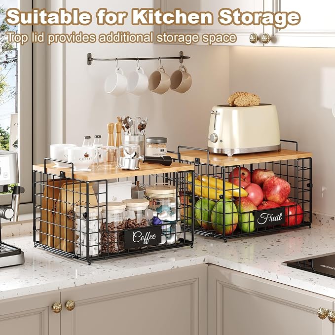 2 PACK XXL Potato and Onion Storage Bins, Pantry Organizers and Storage | Stackable Wire Baskets with Wooden Tops & Tags, Kitchen Counter Organizers Bins for Potato, Onion, Fruit, Vegetable, Garlic