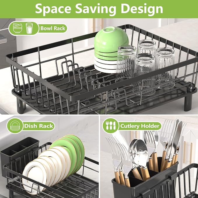 Dish Drying Rack for Kitchen Counter,Stainless Steel Drainers Rack with Detachable Cutlery Holder,Automatic Drainage System,Anti-Rust Dish Strainer Ideal for Families and Home