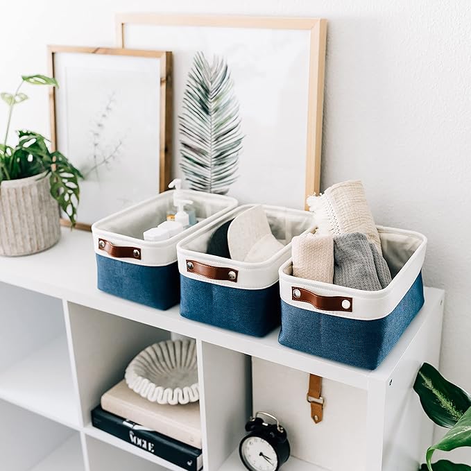 OrganiHaus Small Fabric Storage Baskets 6 Pack, 12x8in Cloth Storage Bins for Shelves, Small Baskets for Organizing Bathroom Pantry Closet, Canvas Shelf Baskets, Navy Blue/Off-White