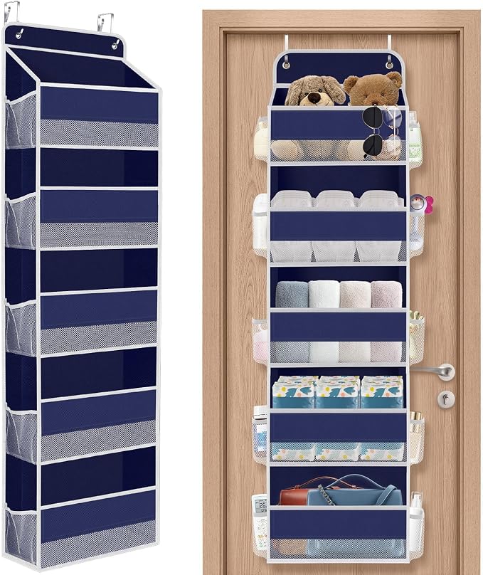 SpaceHacks 1 Pack Over The Door Organizer, Hanging Storage Organizer with Clear Window, 40lb Ultra Sturdy Large Capacity Room Organizer for Pantry Laundry Bathroom Nursery Closet (Blue)