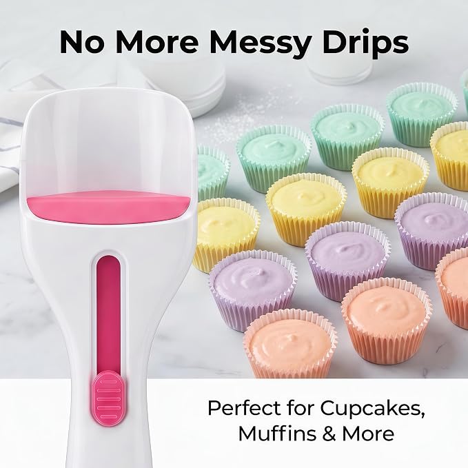 Cupcake Scoop Batter Dispenser, One Touch Slider Button Baking Tools Batter Separator for Even Portions Easy Clean Silicone Piston Ideal for Cupcakes Pancakes Muffins