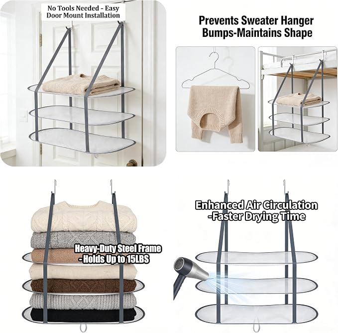 2PCS Sweater Drying Rack Hanging on Door Dryer Flat Portable Collapsible Mesh Large Laundry Clothes Drying Rack Room Organization 3 Tier