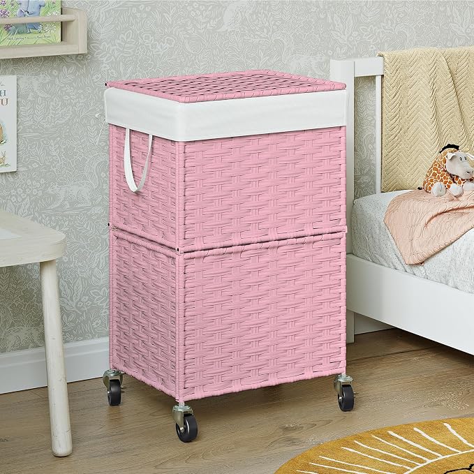Chrislley Wicker Laundry Basket with Wheels,Rolling Laundry Hamper with Lid | 90L Slim Clothes Hamper with Wheels & Removable Liner Bag, Handwoven Rattan Laundry Organizer for Bedroom, Bathroom, Pink