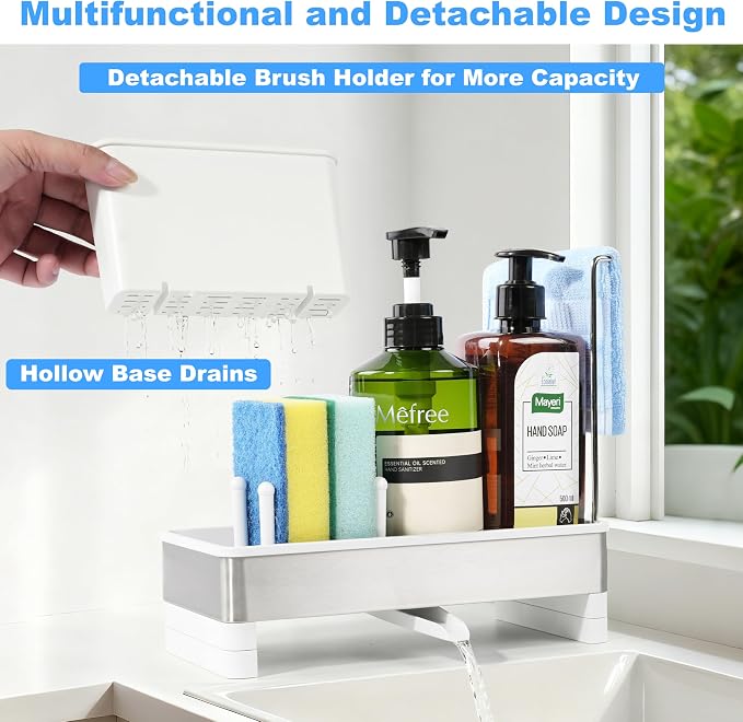 Kitchen Sink Caddy Organizer, Stainless Steel Sponge Holder, Kitchen Caddy Sink Organizer with Dish Brush Holder and Dishcloth Rack, Rustproof Dish Sponge Drying Rack for Countertop Storage