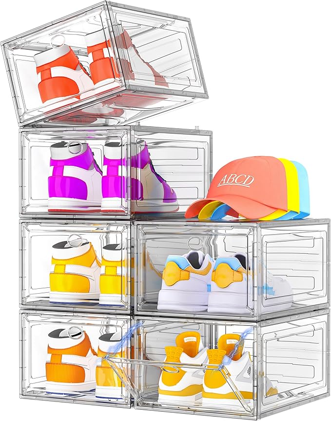 7 code Shoe Organizer, Clear Thickened Stackable Shoe Boxes with Magnetic Door, Collapsible Closet Storage Rack for Sneakers & Boots, 6 Pack White, Virgin Material, Not Recycled Plastic for Household | Thick Plastic Shoe Storage for Sneakers & Boots, C...