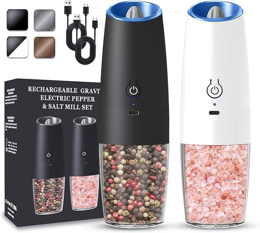 UNNEES Rechargeable Electric Salt and Pepper Grinder set of 2, gravity electric salt and pepper grinder set, Adjustable Roughness, LED Light, 2 Pack, (Black&White)