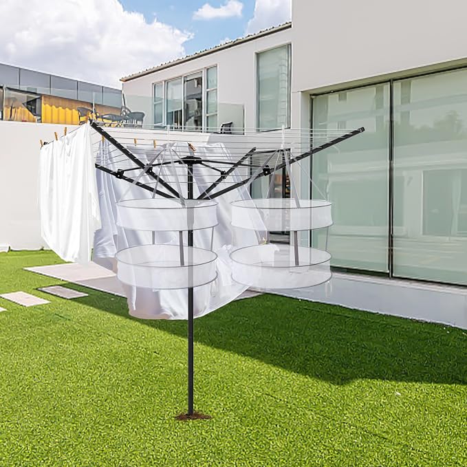 165 Feet Rotary Outdoor Umbrella Clothesline Aluminum 4 Arm Drying Rack | Steel Post Adjustable Height Retractable 12-Line Laundry Rack for Backyard Use