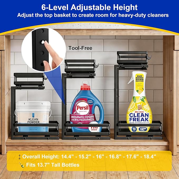 2-Tier Under Sink Organizer, Metal Pull Out Shelf, Black | Carbon steel, ball-bearing pull-out, 6-level adjustable, no-drill setup, for under-sink pipes and bottles