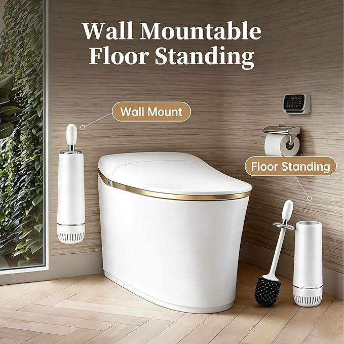 Toilet Bowl Brush and Holder Set, Plunger and Brush Set with Long Handle, High-End Modern Silicone Toilet Brush Set, Non-Scratch, Odor-Free Design(Matte White + Silver, B)