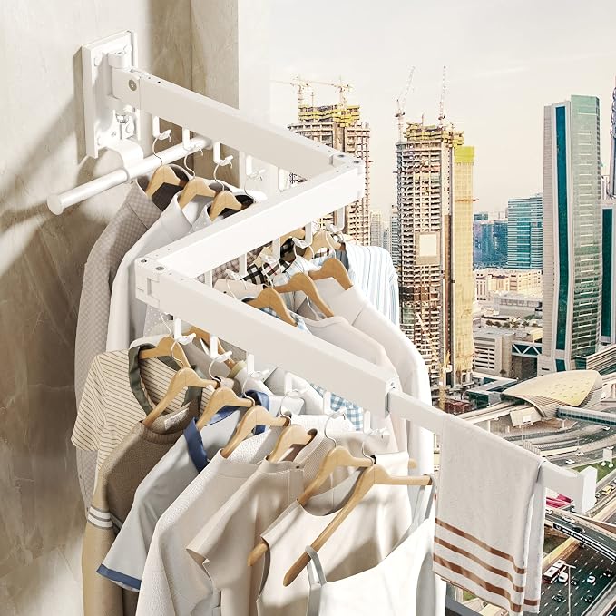 BOQORAD Wall Mounted Clothes Hanger Rack, Clothes Drying Rack,Laundry Drying Rack,Collapsible Clothes Rack Wall Mount, Retractable Drying Rack Clothing,can Fold Upward & Left & Right,White Color