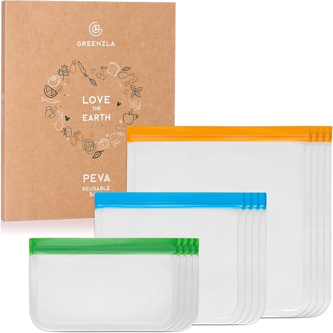GREENZLA 12 Pack Reusable Food Storage Bags | BPA-Free | Leakproof | 4 gallon, 4 sandwich & 4 snack | Freezer-safe | Kid-friendly zipper | Replaces 300+ disposables