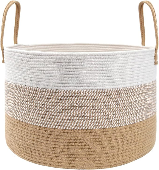JMvicyroam 115L Extra Large Machine Washable Cotton Rope Blanket Basket | Collapsible laundry hamper, Reinforced handles, For blankets,pillows,toys and clothes, Living room and bedroom,White&Jute Mix