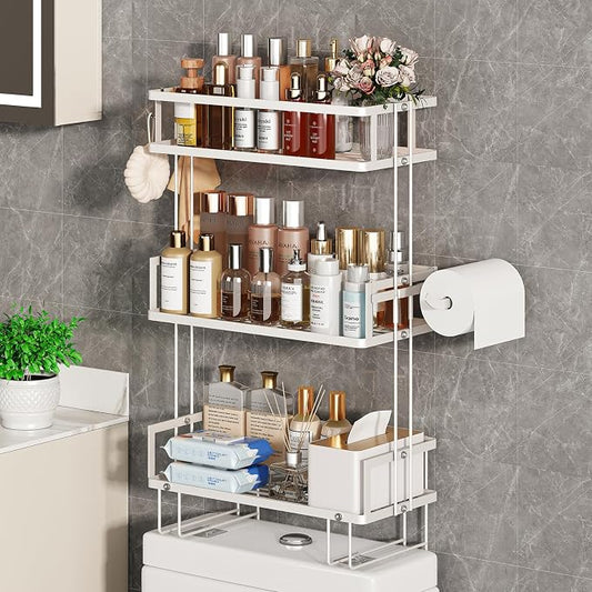 Godboat 3-Tier Over Toilet Storage Shelf, Wall-Mount with 2 Hook/Paper Rack | Bathroom Organizers and Storage Cabinet, Behind/Above/On/Top/Back Tank Shelves, Decor for Bathroom/Restroom/Kitchen/Bedroom