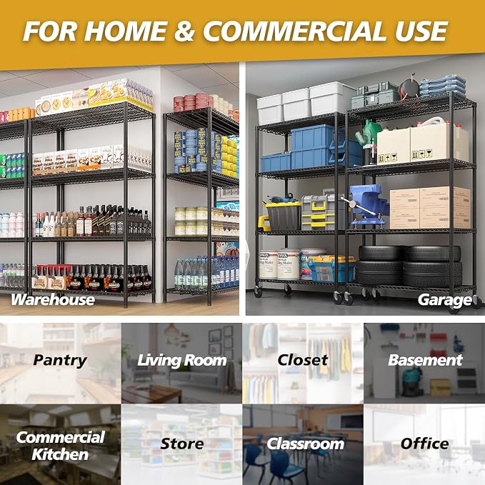 Karl home Heavy Duty 4-Tier Storage Shelving, Black Adjustable Metal Rack | 2500LBS Capacity Wire Storage Shelving Unit, 75.59"H x 55.12"W x 23.62"D, Multipurpose Organizer for Garage, Kitchen