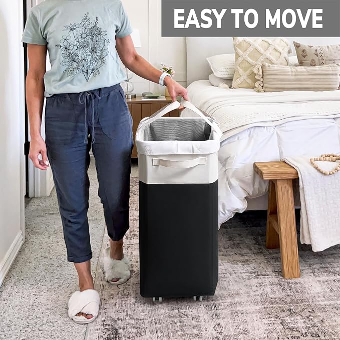 Goodpick 75L Rolling Laundry Basket with Wash Bag, Laundry Hamper for Dorm | Laundry Hamper with Wheels & Handles for Dirty Clothes, Clothes Hamper, Dorm Room Essentials, Black & White