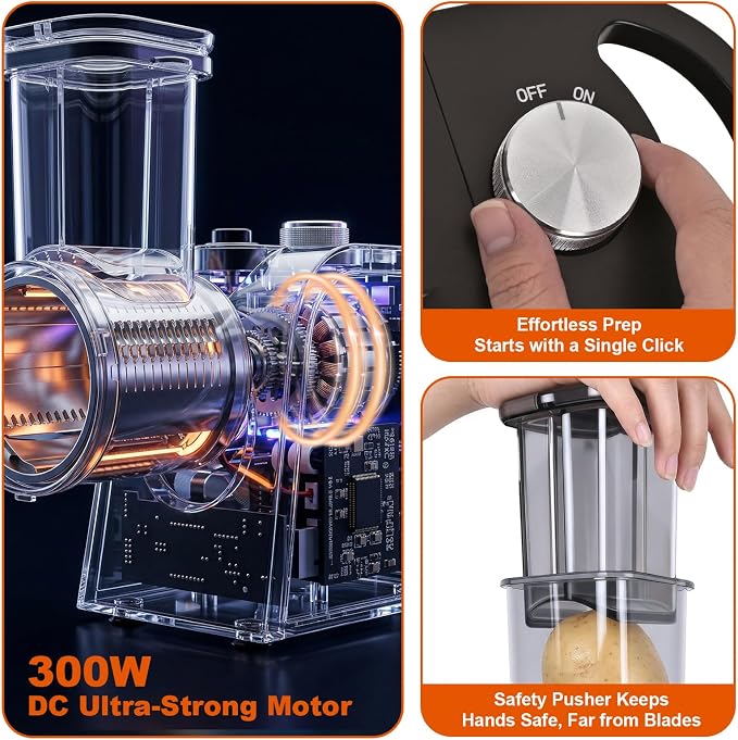 Electric Cheese Grater with Electric Dicing Function, 250W Professional Salad Maker & Electric Cheese Shredder, 5-in-1 Automatic Food Processor with Wide Feed Chute & 5 Stainless Steel Blades