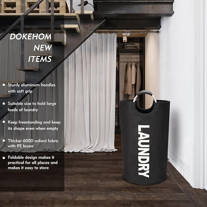 DOKEHOM 90L Large Laundry Basket Bag, Collapsible Tall Hamper, Black | Freestanding tall washing bin & foldable laundry bag. High-capacity clothes storage basket with durable sturdy handles