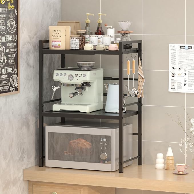 DOLALIKE Microwave Oven Rack, Expandable Microwave Stand Countertop Kitchen Utensils Tableware Storage, Carbon Steel Over Microwave Shelf Countertop with 3 Hooks | Adjustable Microwave Oven Rack Metal Storage Shelf with 3 Hooks for Pans Small Appliance...