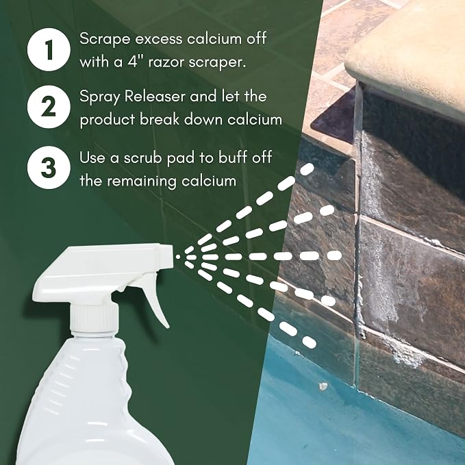 Products - Calcium Releaser - Quart Trigger Spray, 32 FL OZ - Pool Tile Cleaner Calcium Remover, Safe on Glass, Porcelain, and Ceramic Surfaces - Calcium Cleaner - Tile and Grout Cleaner