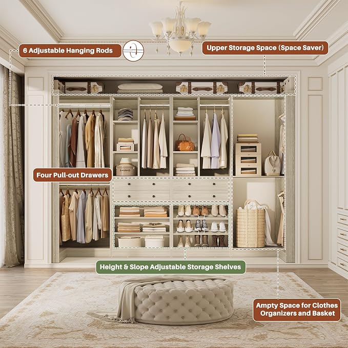 Besiost Closet System with 4 Drawers & Corner Tower, Closet Organizer System with 4 Hanging Robs, Reversible U Shaped Walk-in Closet System, Load 2600+LBS Capacity, Set of 4, Greige Oak