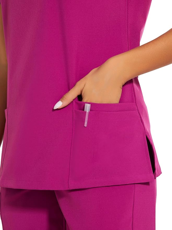 Scrubs Tops for Woman - Soft Stretch, V-Neck Tops | 3 Pockets, Side Split Design, Short Sleeve, Breathable & Lightweight Nursing Shirt, Easy-Care Fabric for All-Day Comfort