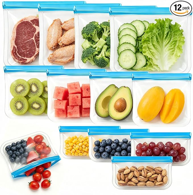 12 Pack Silicone Bags for Food Storage,Reusable Silicone Food Storage Bags,Freezer, Microwave & Dishwasher Safe,Reusable Freezer Food Bags, Leakproof-4 Gallon 4 Snack 4 Sandwich Bags,Blue
